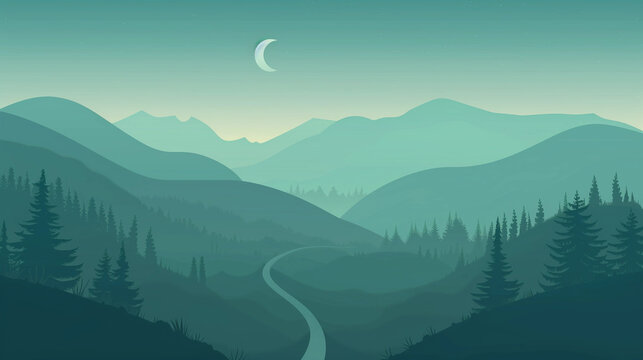 copy space, A flat graphic of an evening mountain landscape, with simple shapes and muted green and blue tones. A road leading into the mountains, trees on both sides. A crescent moon is above the sky