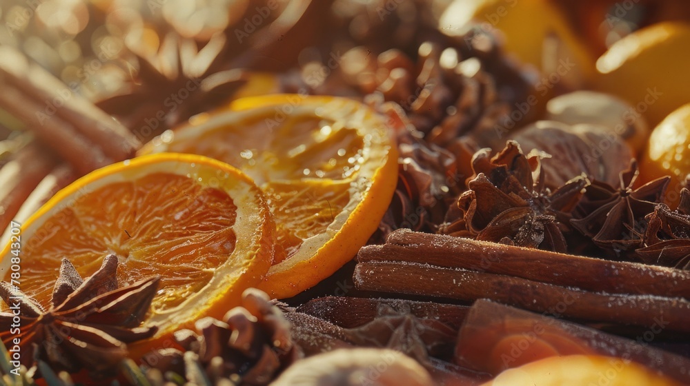 Aufkleber fresh oranges and aromatic spices in a close-up view. ideal for food and beverage concepts