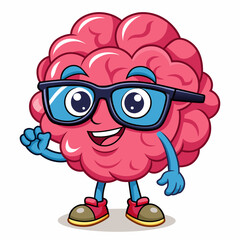 Vector illustration of the pink color of the human brain with glasses on a colored monochrome background. The basis of the brain concept is the cartoon response. Flat brain design style for education