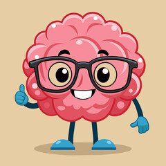 Vector illustration of the pink color of the human brain with glasses on a colored monochrome background. The basis of the brain concept is the cartoon response. Flat brain design style for education