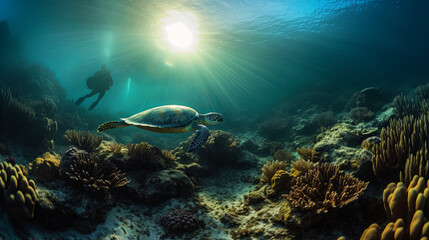 Naklejka na ściany i meble A close-up of a turtle on the seabed