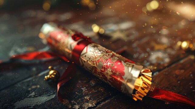 Festive red and gold Christmas cracker on a table, perfect for holiday designs
