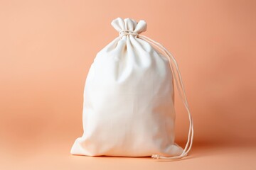 Sustainable cotton bag with white ties on peach backdrop