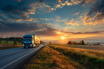Obraz premium Sunset in a rural landscape with a truck approaching on an asphalt road