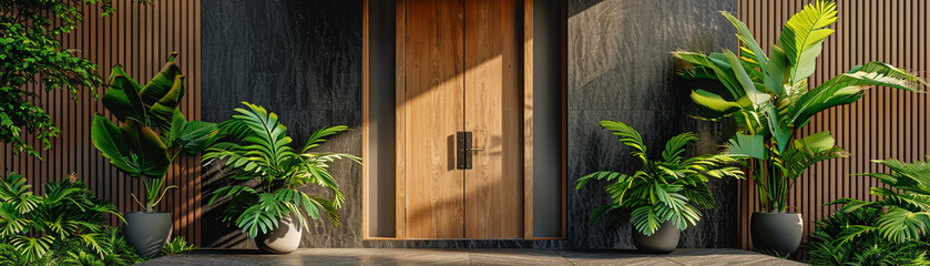Inviting entrance of a modern home, the doorway framed by lush plants, symbolizing warmth and welcome