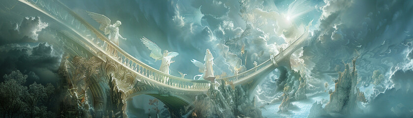 A bridge spanning the ethereal, angels in ascent whisper tales of heaven's splendor and grace