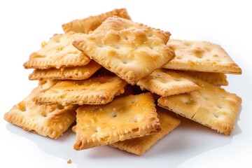 A pile of crackers on a white plate, perfect for food blogs or restaurant menus