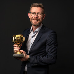 Happy businessman in a suit with a golden trophy on a black background. Outstanding award for corporate development of an investment company.