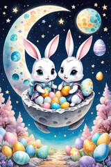 Watercolor composition of Easter bunnies with colorful eggs on the moon for Easter, cartoon characters.