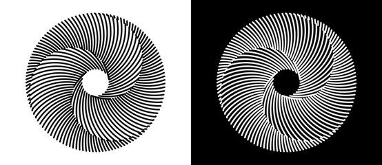 Set of circles with lines. Black spiral on white background and white spiral on black background. Dynamic design element with 3 parts. - 780844039