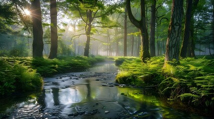 Sunrise Misty Forest River Tranquil Nature Scenery