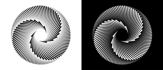 Set of circles with lines. Black spiral on white background and white spiral on black background. Dynamic design element with 3 parts. - 780844076