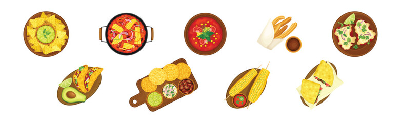 Traditional Mexican Dish and Food Served for Restaurant Menu Vector Set