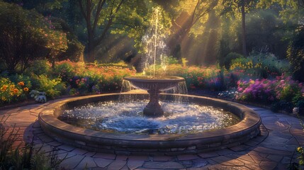 Fototapeta premium Enchanted Garden Fountain Sunrise Blooms Serenity Nature Outdoor Scenery