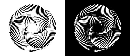 Set of circles with lines. Black spiral on white background and white spiral on black background. Dynamic design element with 3 parts. - 780844092