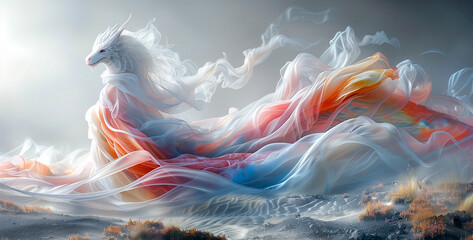 A mythical white creature with flowing mane and tail wrapped in a multicolored misty wave - obrazy, fototapety, plakaty