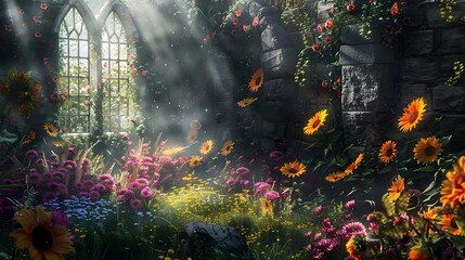 Enchanted Garden Sunlight Flowers Stone Wall Gothic Window