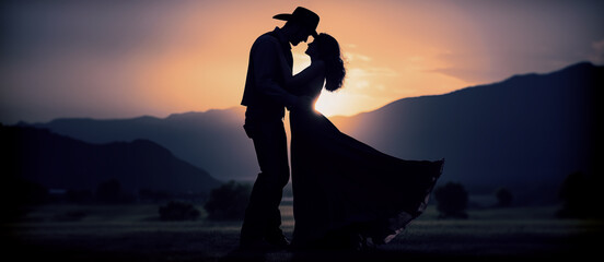 Romantic western couple embracing passionately against a vibrant sunset backdrop on a ranch, capturing the essence of love and adventure in the old west. Historical couple in love