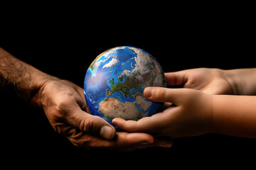 Old senior hands giving Earth globe to a young child, as a symbol for environmental protection and care of the planet. Earth Day environment concept - Elements of this image furnished by NASA - 780844245