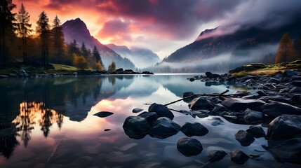 Mountain Lake Sunset Reflection Tranquil Nature Scenery Misty Peaks Serene Waterscape