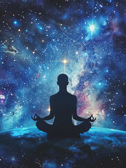 Fototapeta na wymiar Galactic backdrop with a figure in lotus pose, embodying meditation, mindfulness, and cosmic symmetry