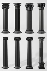 A set of six black and white columns, suitable for architectural design projects
