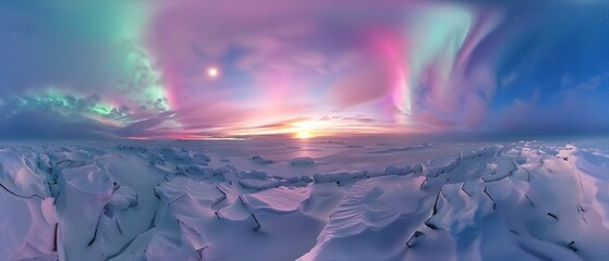 Arctic Aurora Borealis Panoramic Snowscape Sunset Ice Crevasse