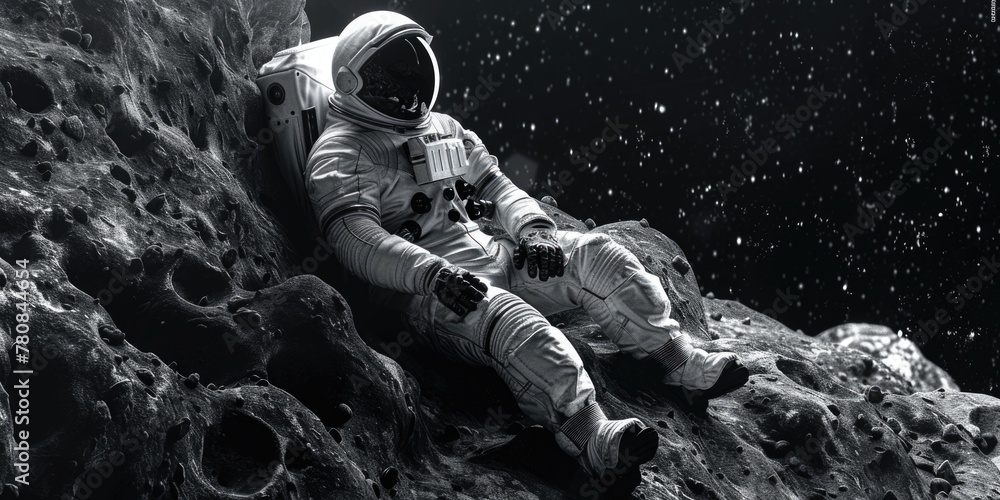 Poster Astronaut relaxing on rock in outer space, suitable for science fiction projects