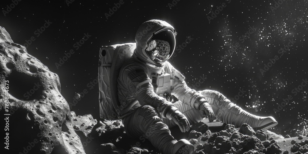 Poster an astronaut sitting on a rock in outer space, suitable for science fiction projects