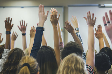 A classroom full of students eagerly raising their hands to answer or ask questions, showcasing engagement and participation