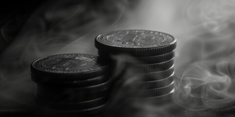 Monochrome image captures cryptocurrency coins shrouded in a smoky haze, hinting at the volatile and enigmatic nature of digital currencies - obrazy, fototapety, plakaty