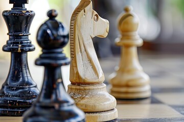 A detailed photograph capturing the intricacies of chess pieces focused on a knight, showcasing the...