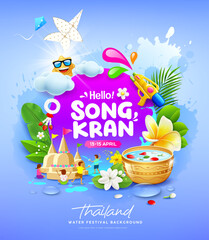 Songkran water festival thailand, Children playing with sand pagoda, flower tropical summer fun, poster flyer design on purple background, Eps 10 vector illustration
