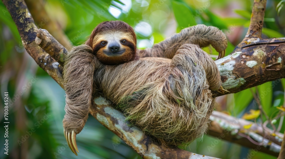 Poster a sloth hanging upside down in a tree. suitable for nature and wildlife concepts