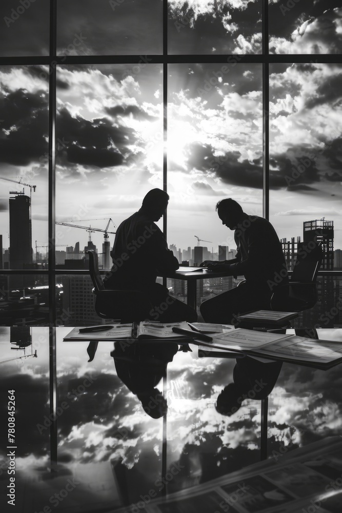 Poster Two people sitting at a table in front of a window. Suitable for various lifestyle and business concepts
