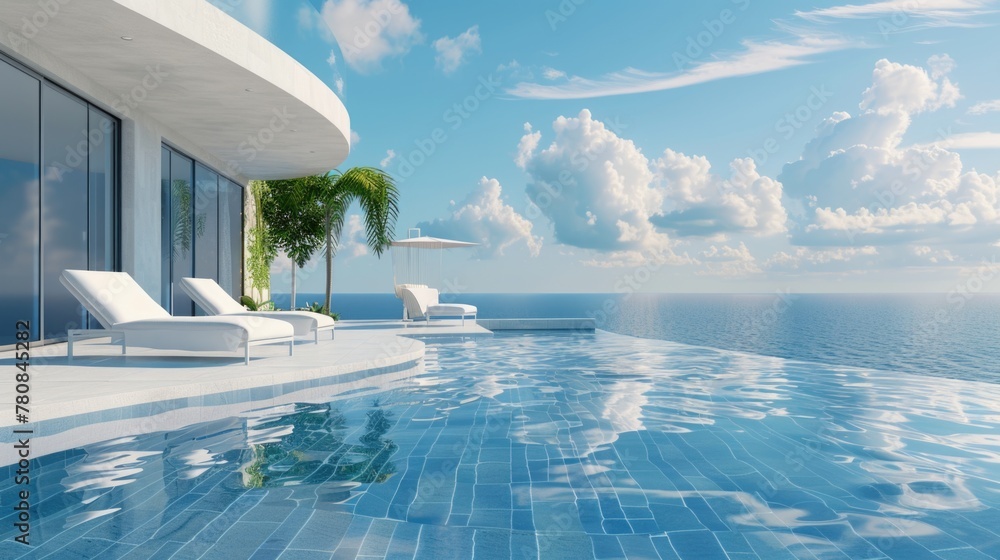 Poster a serene view of a large swimming pool with lounge chairs and umbrellas. perfect for travel and leis