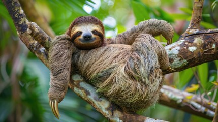 Fototapeta premium A sloth hanging upside down in a tree. Suitable for nature and wildlife concepts