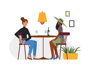 Female friends in cafe drinking wine. True friendship, having fun together, female friendship flat vector illustration