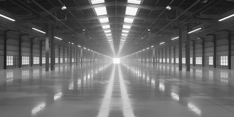 Stof per meter Black and white photo of an empty warehouse, suitable for industrial concepts © Fotograf