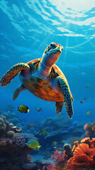 Dive into the breathtaking world of the ocean, where majestic turtles glide gracefully through vibrant coral reefs, inspiring us to conserve our precious marine ecosystems.no grunge, splash, dust