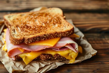 Top view of a wooden background with a sandwich filled with ham and melted cheese - obrazy, fototapety, plakaty