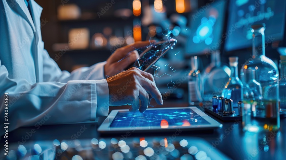 Aufkleber A man in a lab coat using a tablet computer. Suitable for technology and science concepts