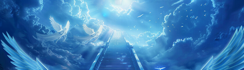Majestic bridge to the celestial, where angels tread in a serene ascent, embodying spiritual journey - obrazy, fototapety, plakaty