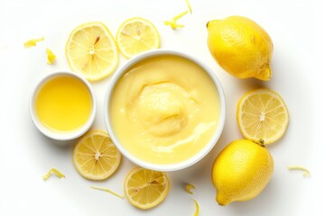 Top view of homemade vanilla custard pudding or lemon curd with lemon slices on white background