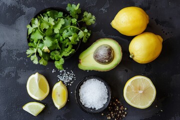 Top view of ingredients for homemade guacamole avocado lemon salt pepper