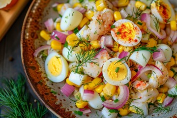 Top view of homemade salad with crab sticks corn red onion eggs and dill on table plate
