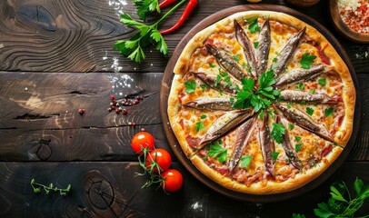 Obraz na płótnie Canvas Top view of Italian pizza with anchovies cheese tomato parsley on wooden background with copy space Recipe menu for food design