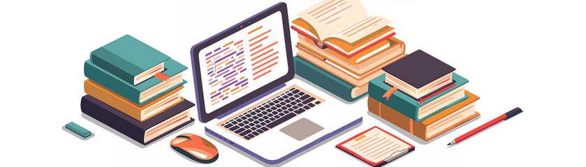 E-learning setup with a laptop open to an educational platform, surrounded by books and digital resources