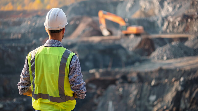 Mining engineer stands against a backdrop of excavation, overseeing the machinery and industry at work