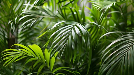 Bunch of palm tree leaves in greenhouse. Close up, copy space, foliage background